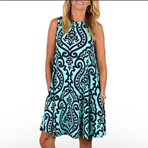Beacon River Sleeveless Tank Dress Small Damask Print Teal Green Navy Blue - Picture 1 of 9